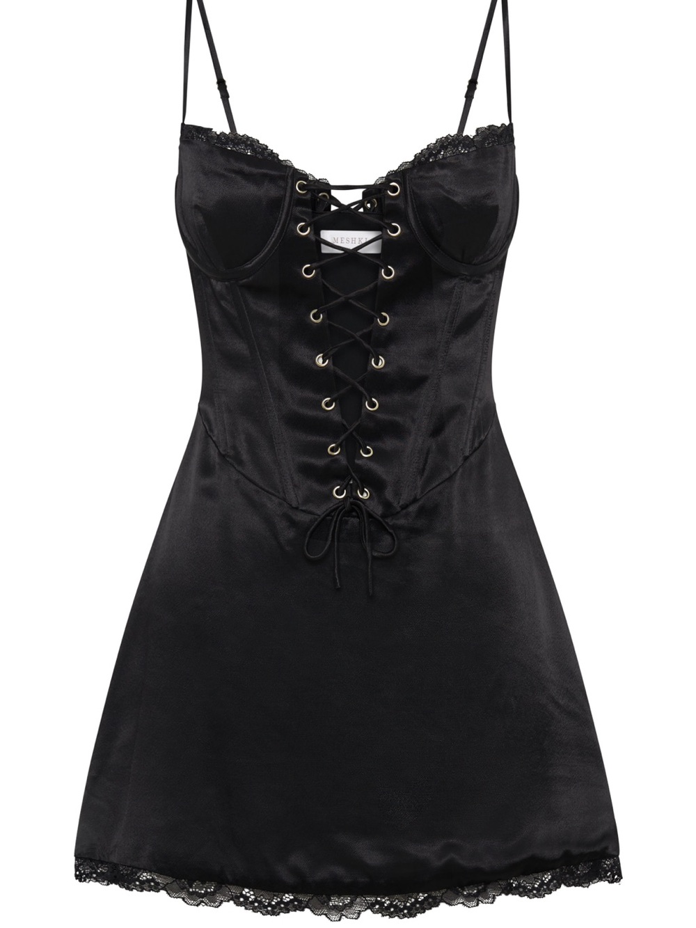 New Meshki Kalila Corset Black Satin Lace-Up Mini Dress, Size S - Picture 6 of 9